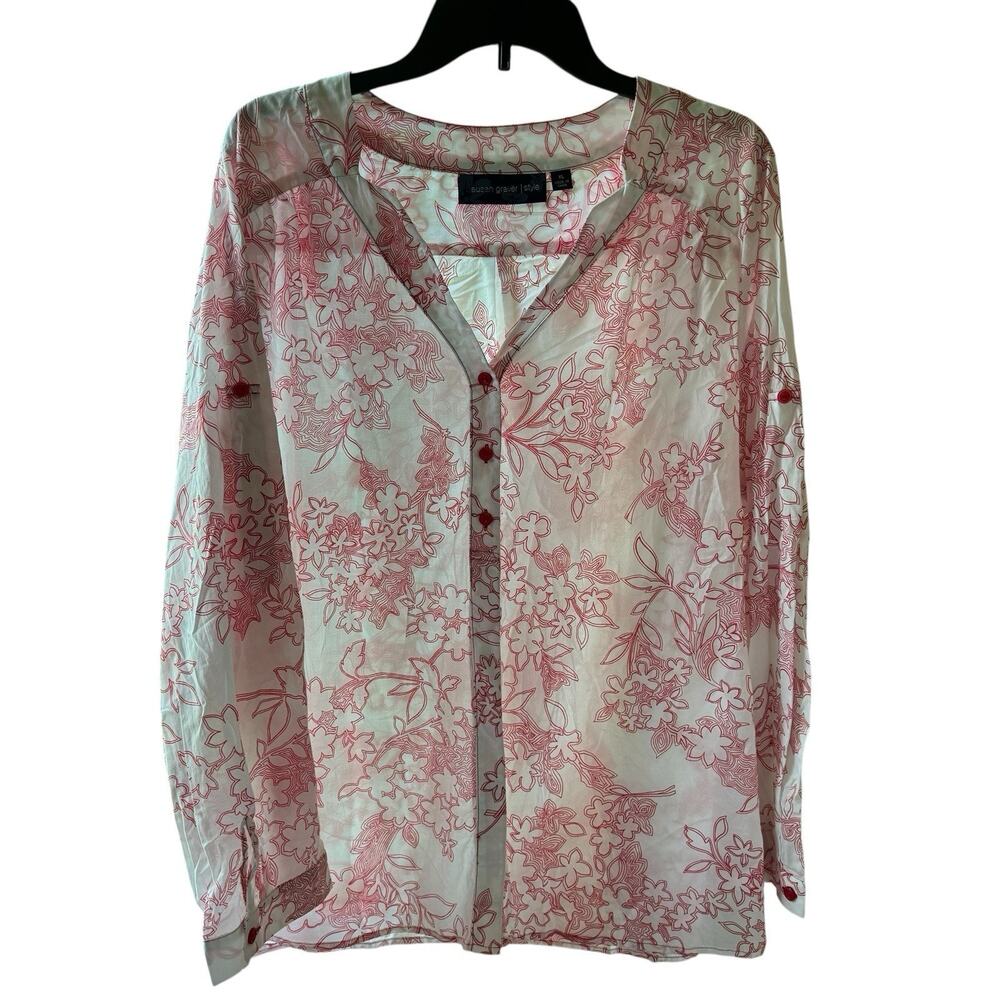 Susan Graver Top Womens XL White Red Paisley Floral Button Long Sleeve Tunic